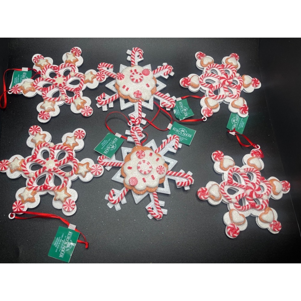 NWT Kurt S. Adler Gingerbread Snowflake Peppermint Candy Ornaments Set of 6